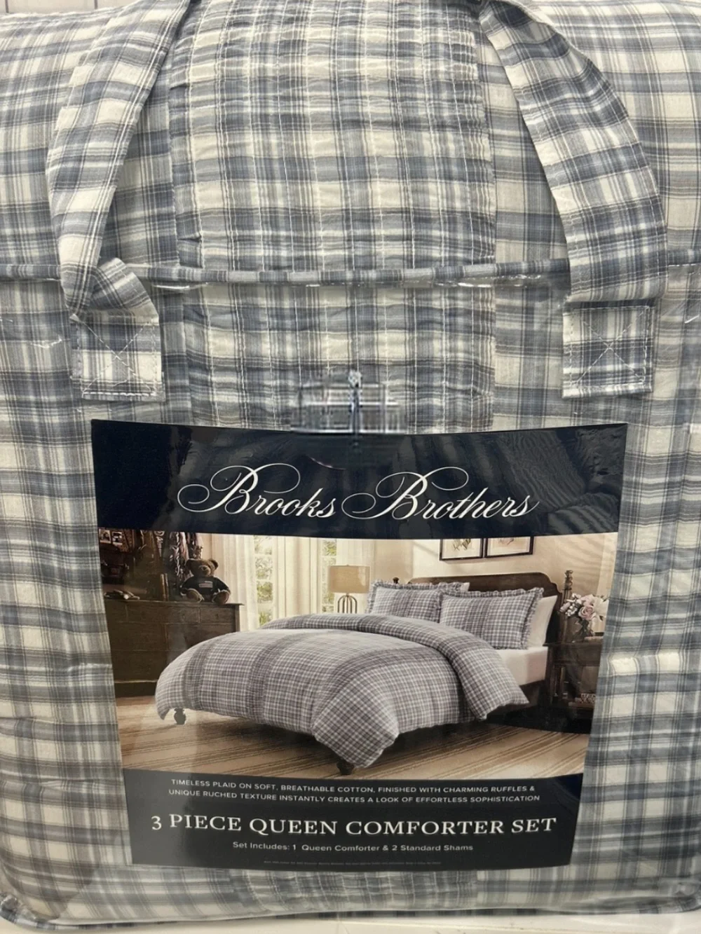 Brooks Brothers Blue, Gray and White Cotton Plaid Queen Comforter Set 90”x90”